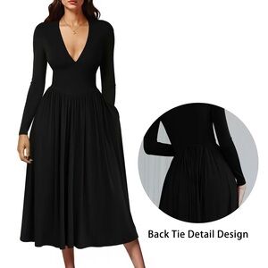 Women's Black V-Neck Long Sleeve Midi Dress with Back Tie Sz S